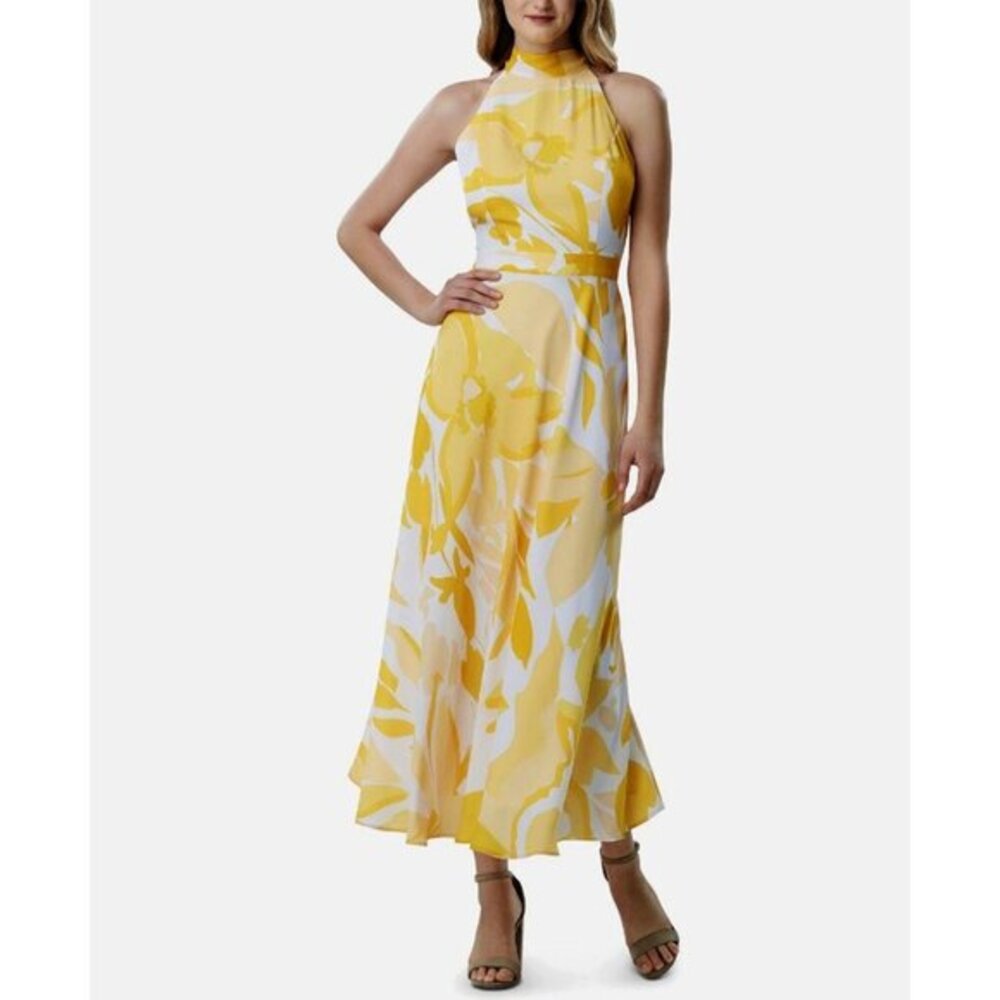 Tahari Womens Yellow White Floral Print Halter Sleeveless Maxi Dress Size 16